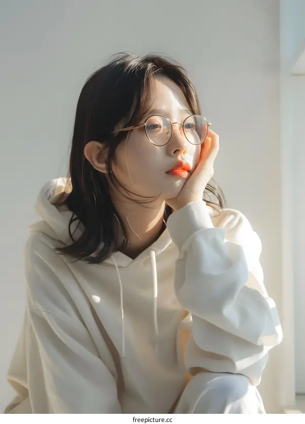 Portrait of a Young Asian Woman Wearing Glasses and White Hoodie
