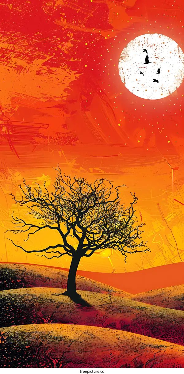 Abstract Landscape Illustration with a Tree and Birds Flying Around the Moon