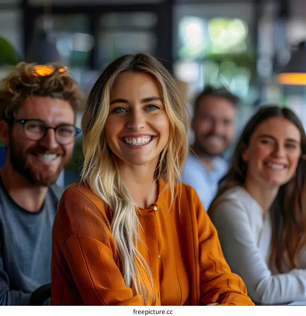 Blonde woman and her friends in a restaurant
