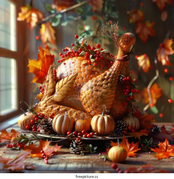 Thanksgiving Table with Roasted Turkey, Pumpkins, and Fall Leaves
