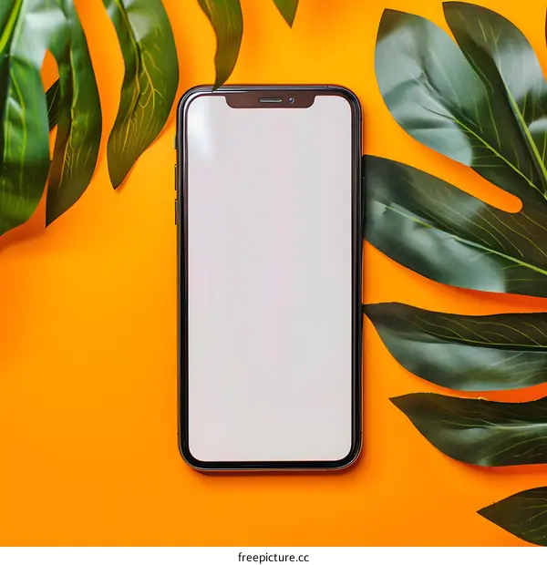 Mobile Phone Mockup with Green Leaves on Orange Background