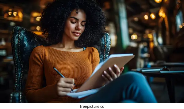 African American Woman Writing in Notebook While Sitting in Chair in Cafe