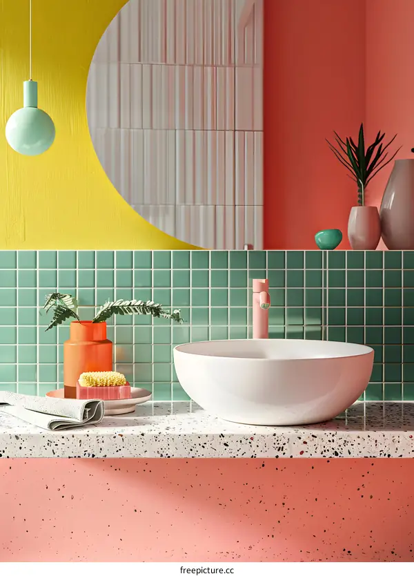 Minimalist Bathroom Interior Design with Green and Pink Tiles