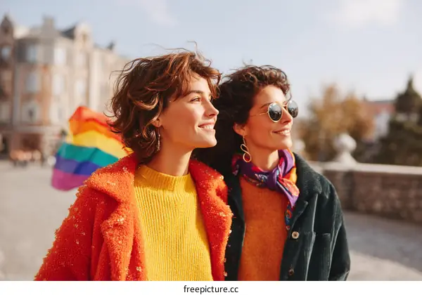 Two Women Outdoors with Pride Flag