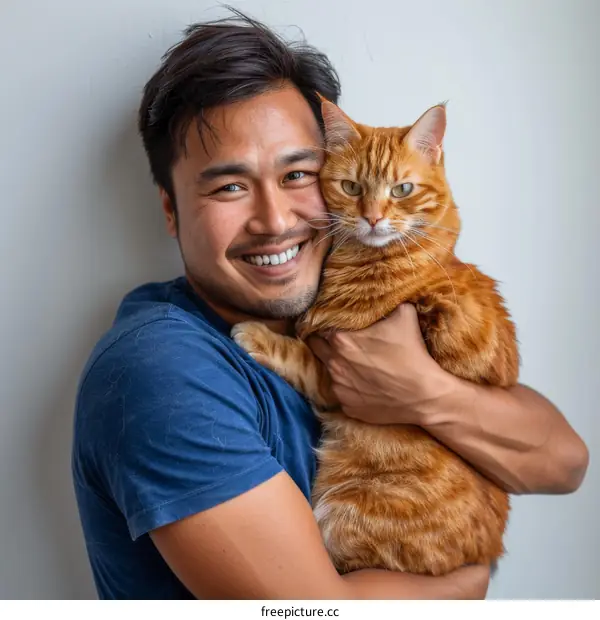 A smiling Asian man hugging an orange cat