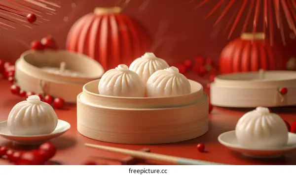 Appealing Steamed Buns on a Red Background for Chinese New Year
