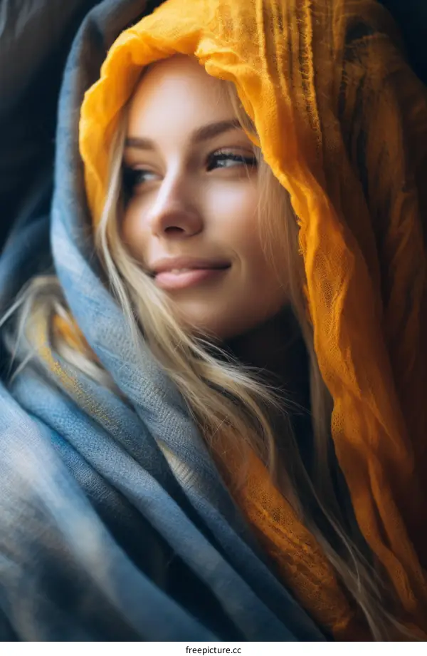 Portrait of a beautiful blonde woman in a yellow and blue headscarf