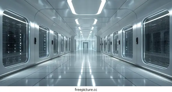 Futuristic spaceship interior with glass windows and bright lights