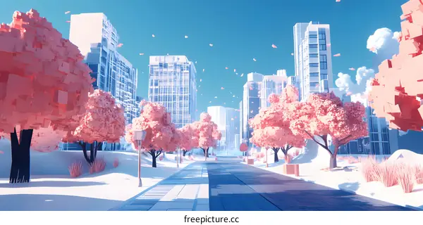 Beautiful Cityscape With Cherry Blossom Trees In Pink
