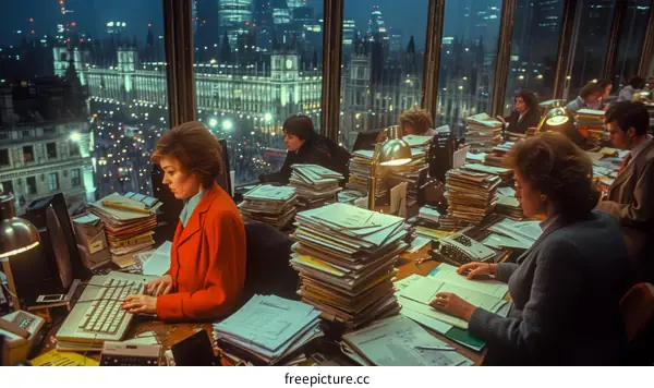 A group of people working in an office at night