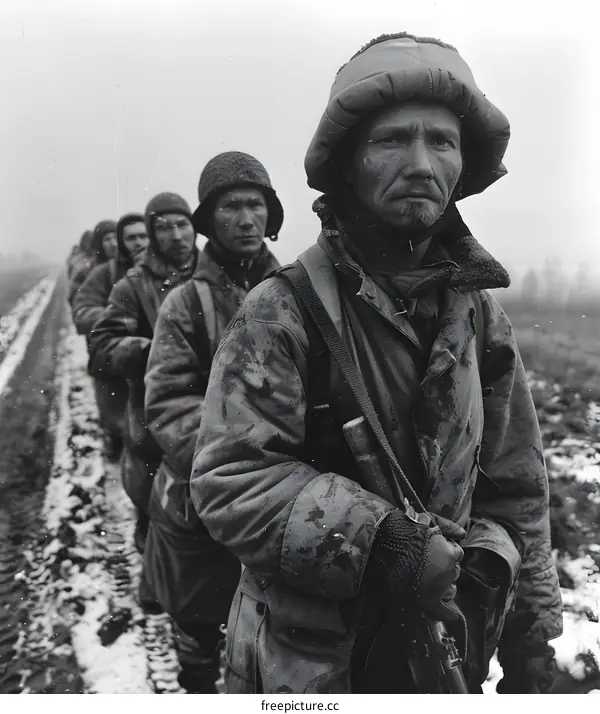 Soviet Red Army soldiers march in the snow during World War II
