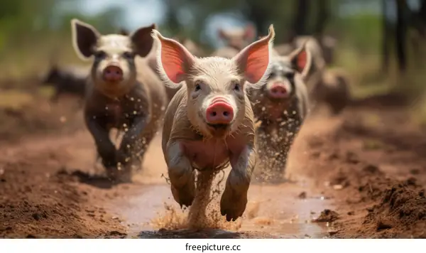 Four pink piglets are running in the mud