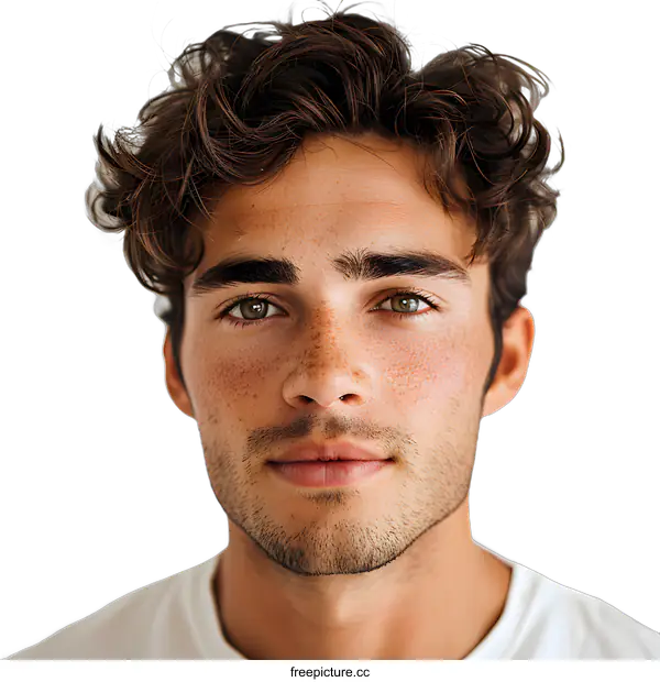 [Transparent Background PNG]Portrait of a young man with curly brown hair and green eyes
