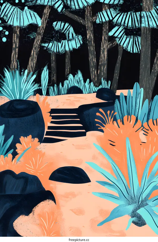 Abstract Illustration of a Forest with Steps and Trees