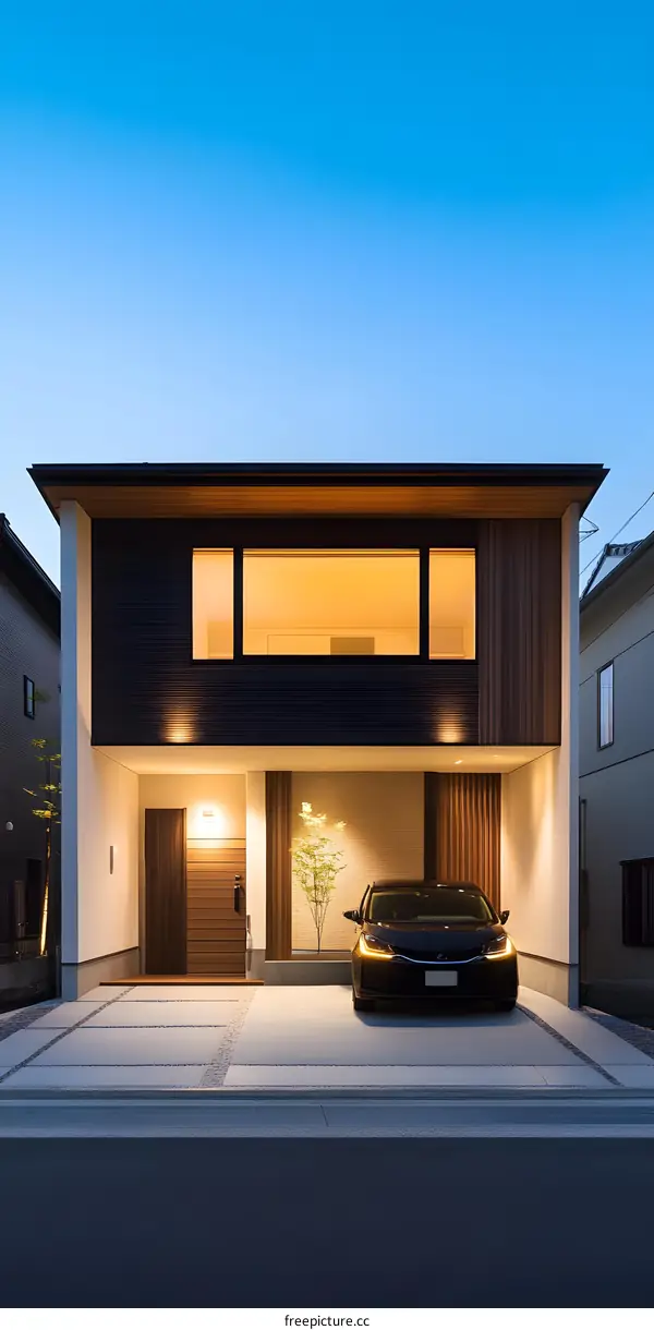 Modern House with Black Car and a Tree in the Front Yard at Dusk