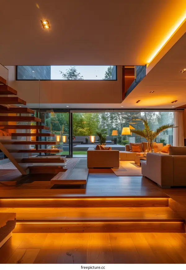 Stylish Living Room With Large Windows And Wooden Stairs