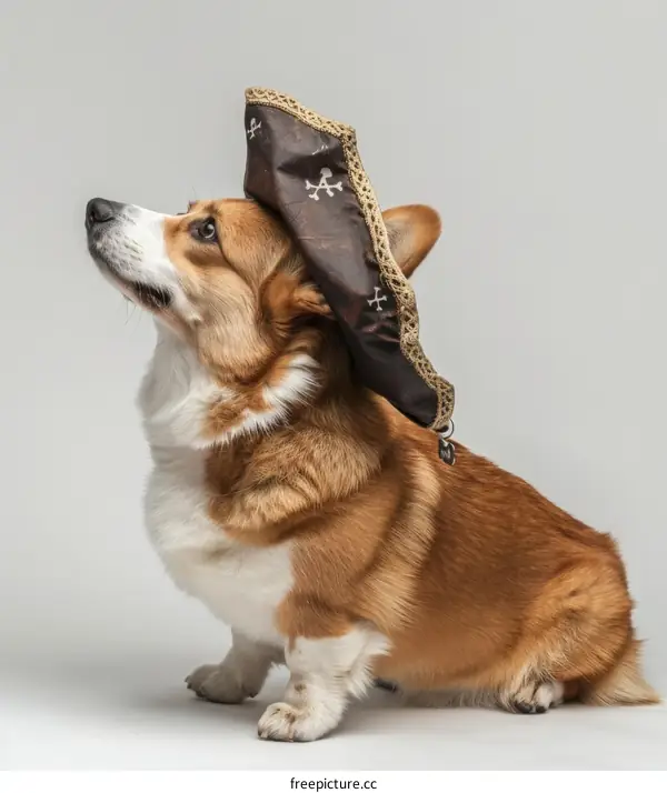 A cute corgi wearing a pirate hat