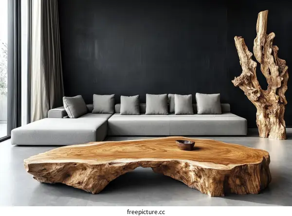 Modern Minimalist Living Room with Raw Wood Coffee Table