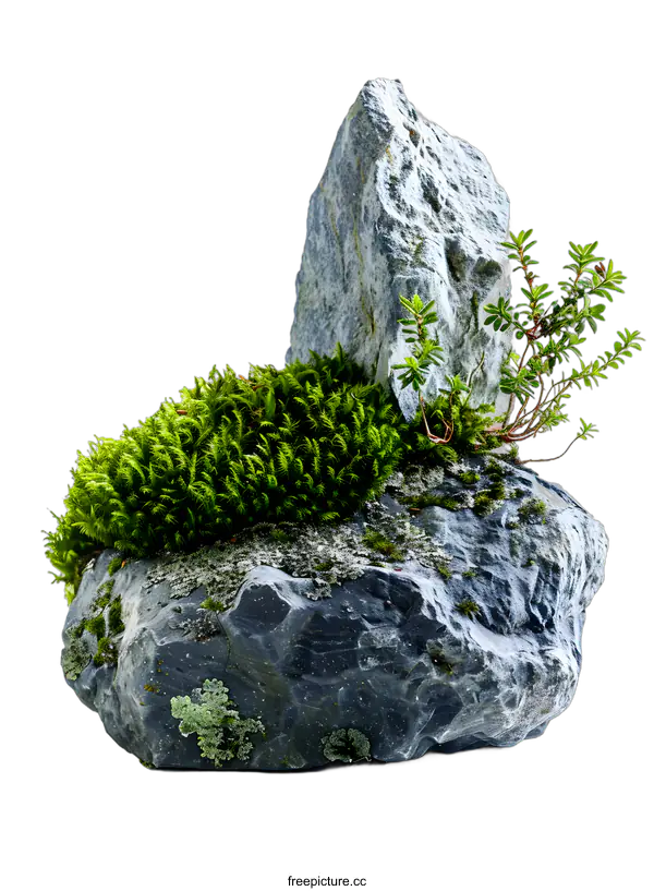 [Transparent Background PNG]Green Moss on a Grey Stone
