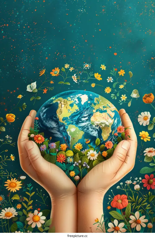 Hands Holding the Earth with Flowers and Plants