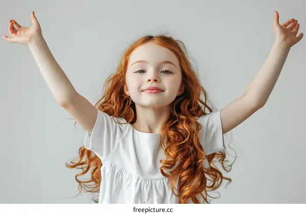 Redhead girl raising her arms in joy