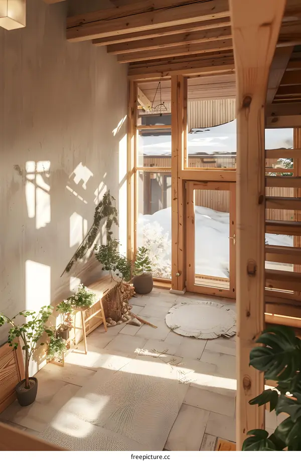 Minimalist Scandinavian Style Interior Design with Wooden Beams and Large Windows