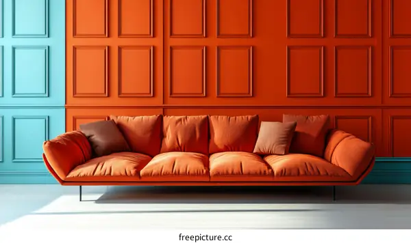 Modern Living Room with Orange Sofa and Teal Walls