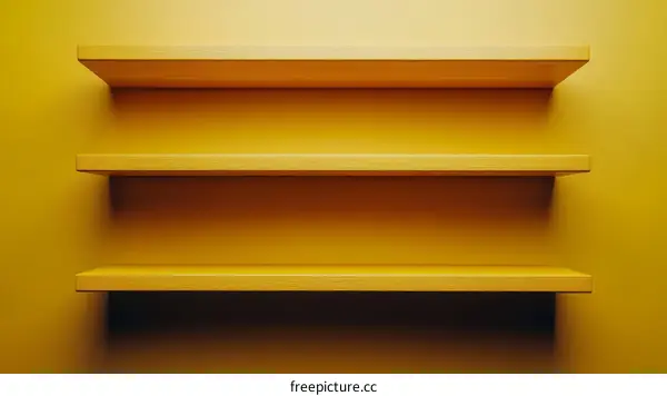 Three Empty Yellow Shelves Against a Yellow Wall