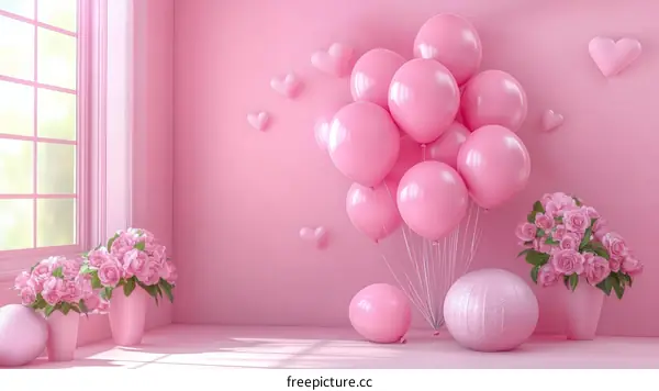 Pink Room Decor with Balloons and Flowers