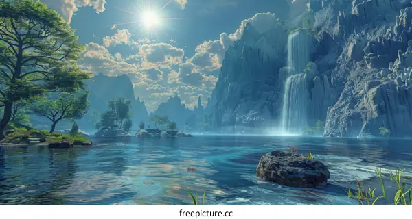 Fantasy Waterfall and Lake Landscape