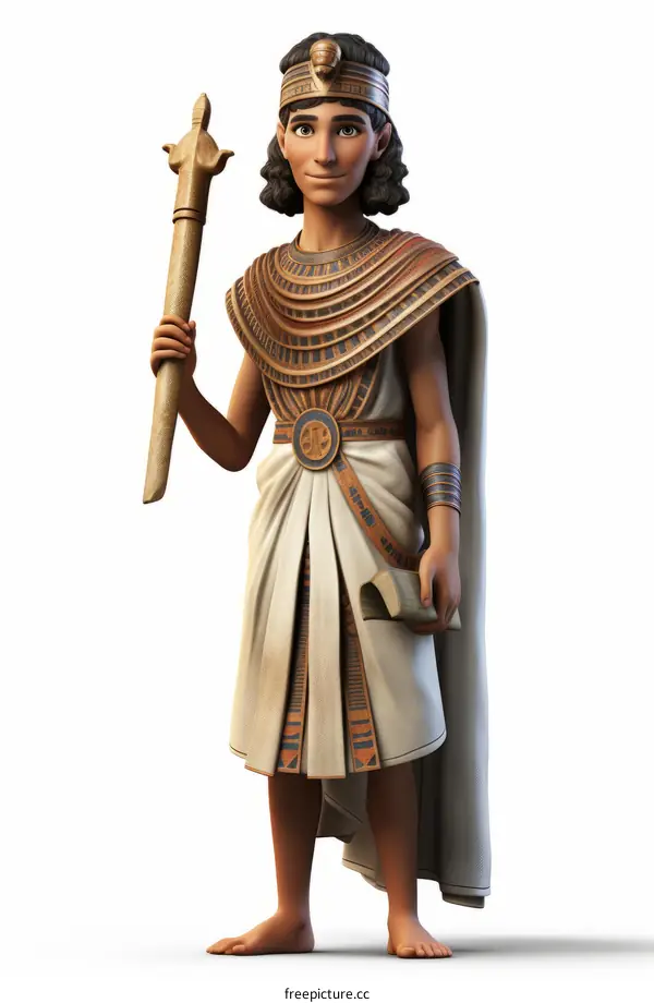 An illustration of an Egyptian male Pharaoh holding a staff and a scroll