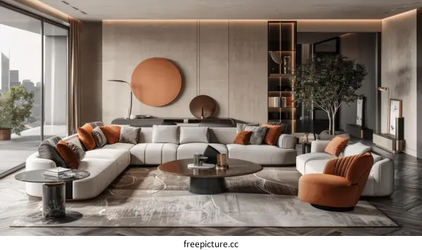 Modern living room interior design with large windows