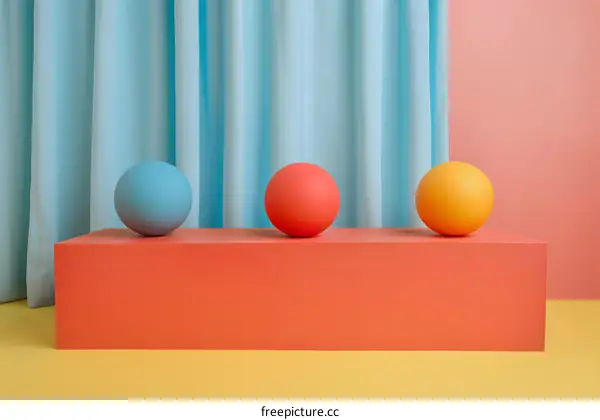 Abstract Minimalist Colorful Spheres on Platform Against Blue and Pink Background