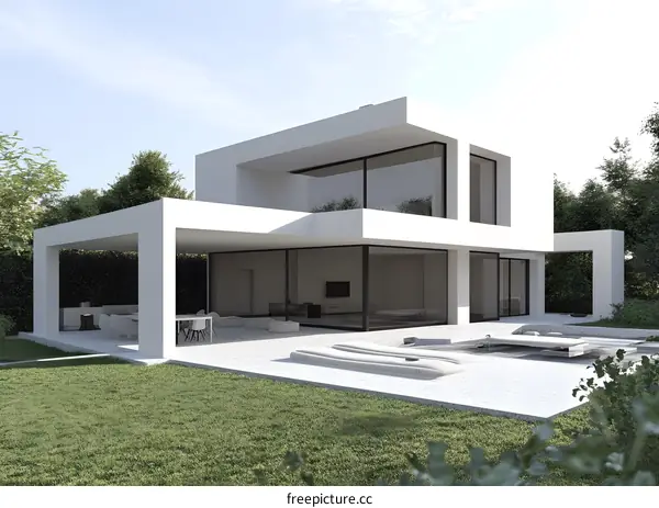 Modern White House With Large Windows And Swimming Pool