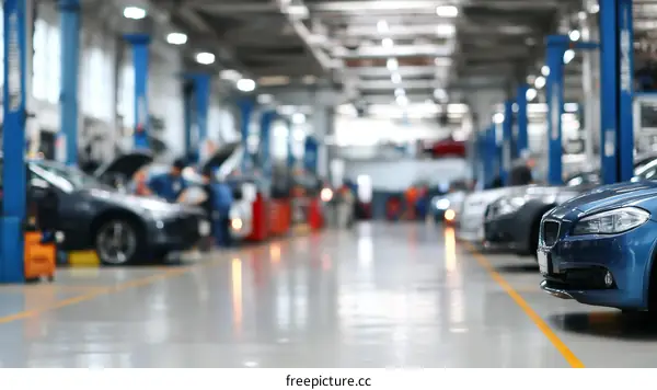 Cars in a modern automotive workshop