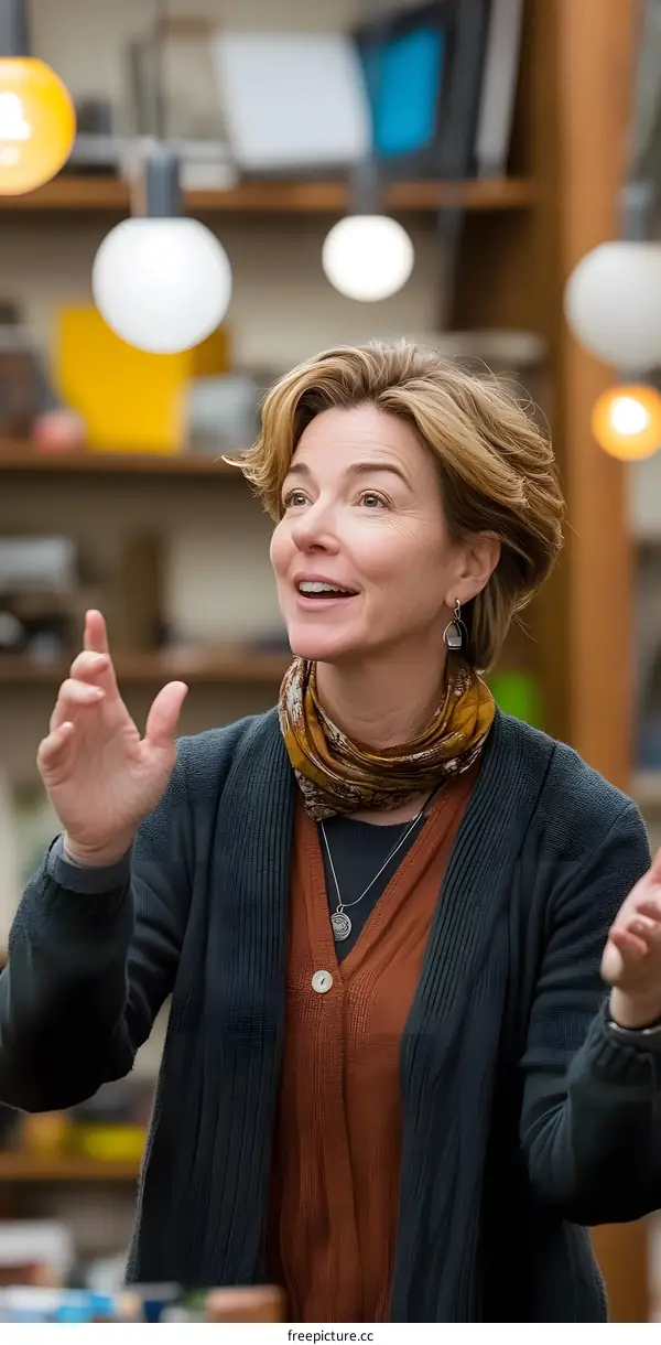 Woman Speaking in a Library with Lights