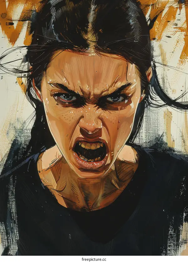 Angry Woman with Black Hair and Blue Eyes