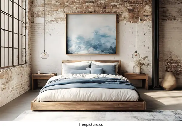 Modern Industrial Bedroom Design with Abstract Art