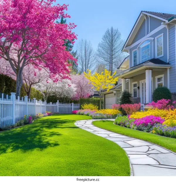 Colorful flowers and trees in a front yard with a stone slab walking path and white picket fence