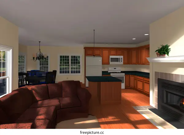 Modern Kitchen and Living Room Interior Design with Fireplace