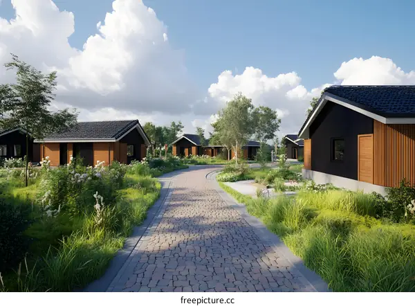 Modern Design Houses with Stone Pathway and Lush Greenery