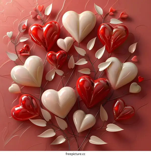 A bouquet of red and white heart-shaped balloons