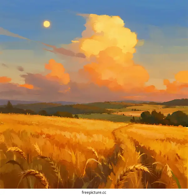 Golden Wheat Field Under Colorful Clouds at Sunset