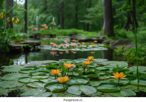 Yellow water lilies in a pond surrounded by green trees and plants