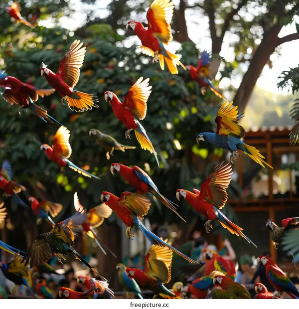 A flock of parrots flying in a lush green jungle