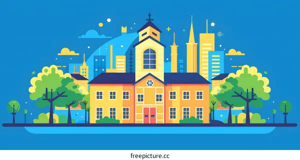Cityscape With Church Building Illustration