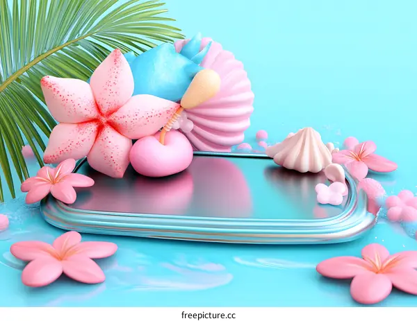Pink Flowers and Shells on a Blue Tray