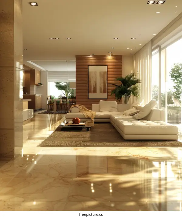 Modern Living Room With Large Windows and Crystal Chandelier