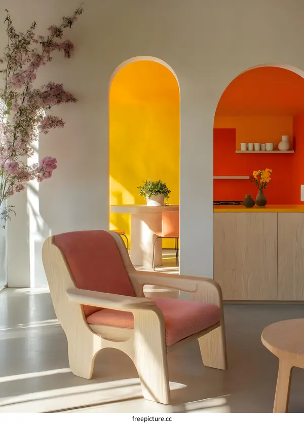 Minimalist Modern Home Interior Design with Pink Chair and Arched Walls