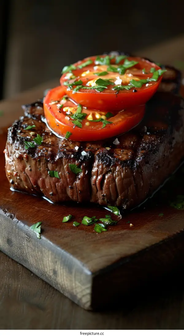 Beef steak with grilled tomatoes and herbs